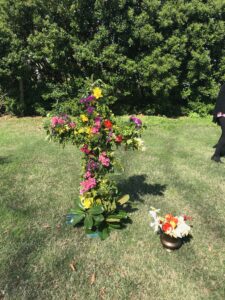 Crucifix made of flowers and greenery at St Thomas Episcopal Church Bath NC